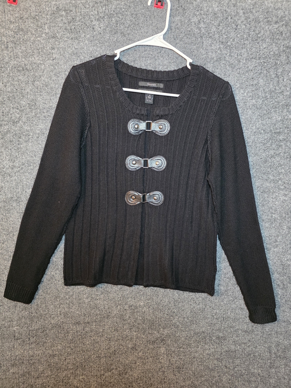 Tahari Womens Merino Wool Blend Cardigan Sweater Black Faux Leather Toggle M